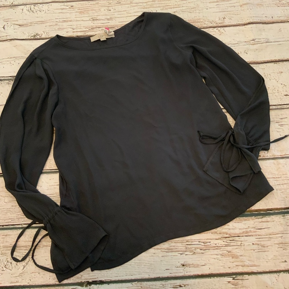 Loft Womens XS Black Tie Cuff Mixed Media Long Sleeve Blouse Top Charcoal Gray